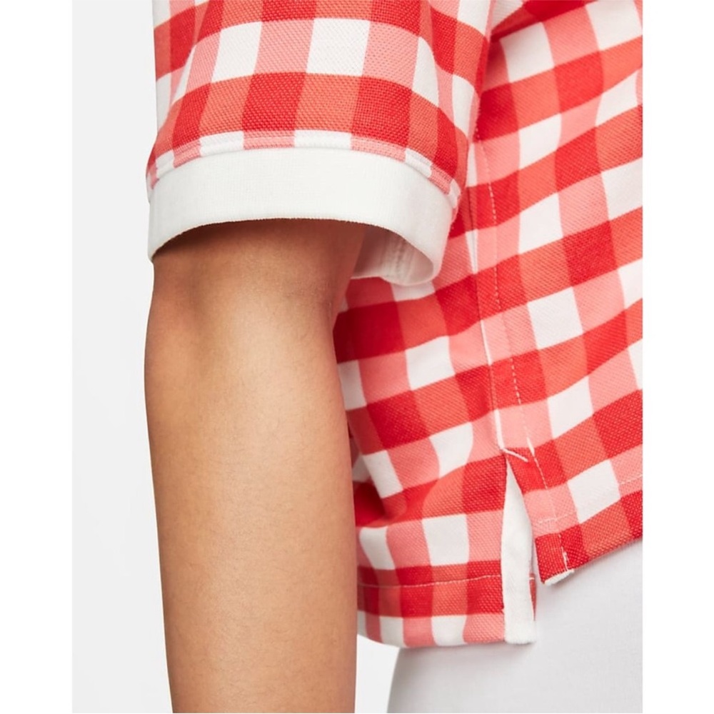 The Nike Polo Golf Dri-Fit Red White Plaid Loose Fit Cropped Polo Shirt Top L - Picture 4 of 14